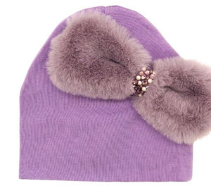 LAVENDER FUR BOW BABY HAT